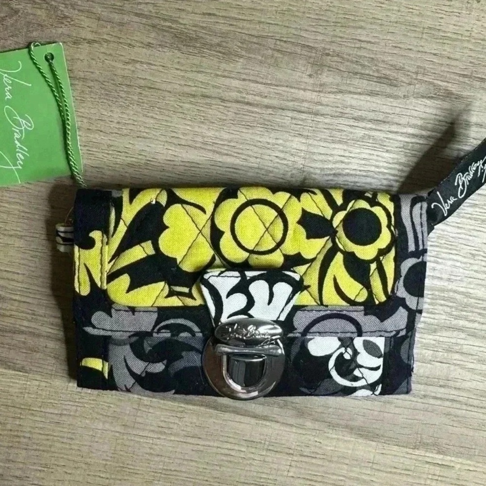 VERA BRADLEY Quick Swipe ID Case Key Ring Baroque Black Yellow Floral